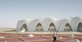 Jonge architect ontwerpt stad in woestijn met zeezout