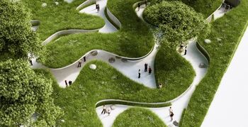 Penda ontwerpt landschap paviljoen met rivieren als wegen