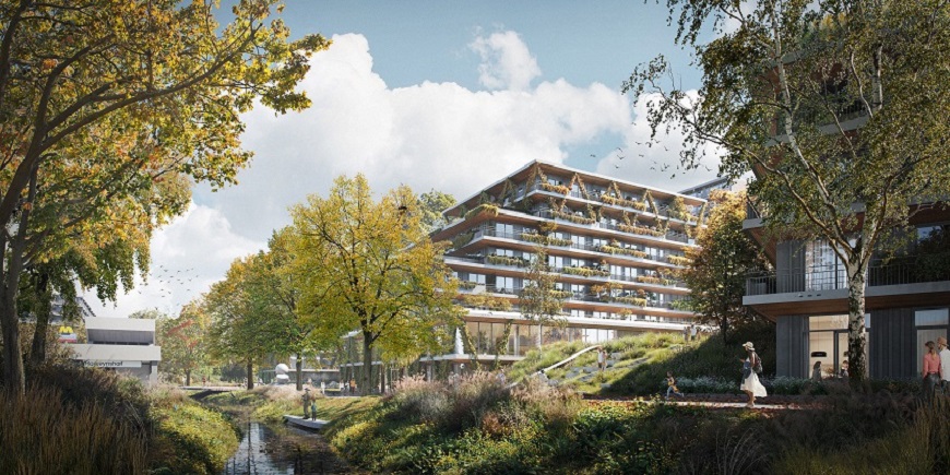 Een breed cultureel en sociaalmaatschappelijk programma gecombineerd met duurzaam en betaalbaar wonen in een ecologische verbindingszone. Het ontwerp voor Romeynshof in Ommoord, Rotterdam. Beeld: Vivid Vision