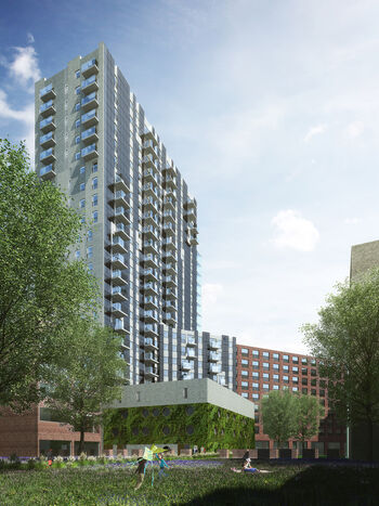 Lingotto, APF International en Hurks vastgoedontwikkeling starten eind oktober start met de bouw van @Home Amstelkwartier. Artist impressies: CIIID/ZesxZes/Mecanoo.