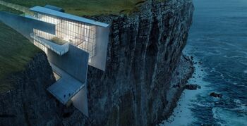 Betonnen retraite integreert zich in IJslandse klif