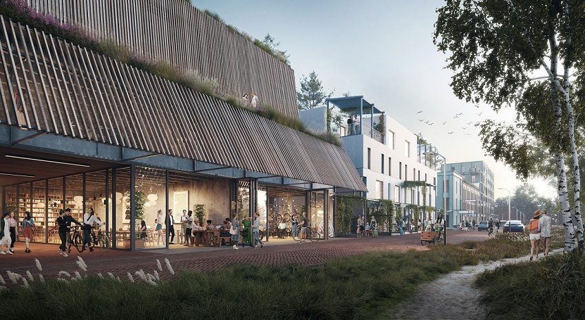 Parkeervoorziening op de eerste verdieping, publieke voorzieningen op de begane grond. © Vivid Vision